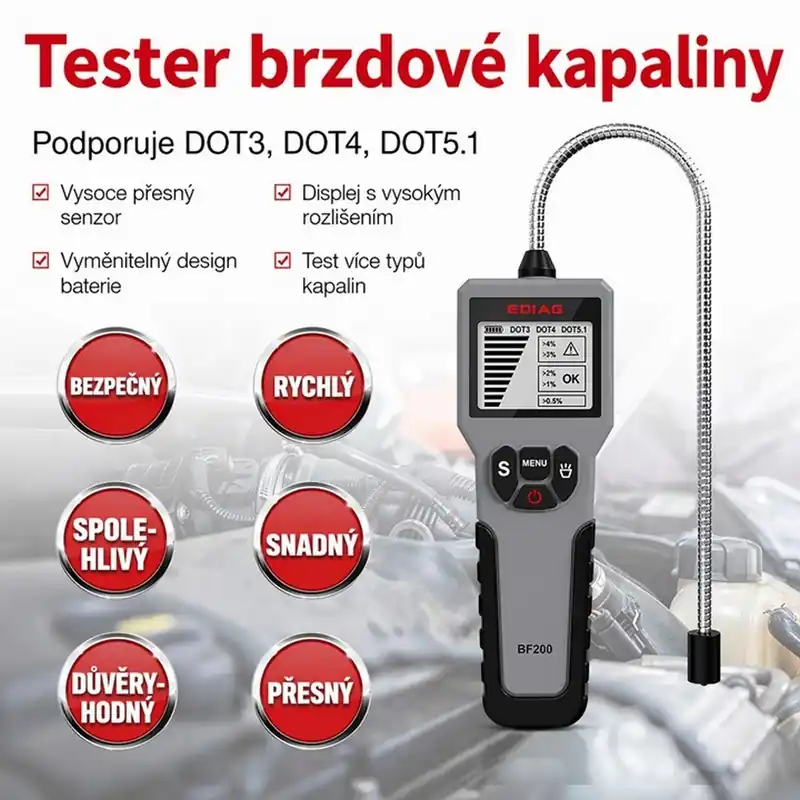 Omezená Nabídka Tester brzdové kapaliny EDIAG BF200 – DOT3, DOT4, DOT5.1, LCD displej, flexibilní sonda