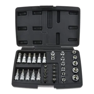 Hlavice 3/8” nástrčné a zástrčné TORX (T10-T55) a E-TORX (E4-E20), s nástavci, sada 34 ks Originální